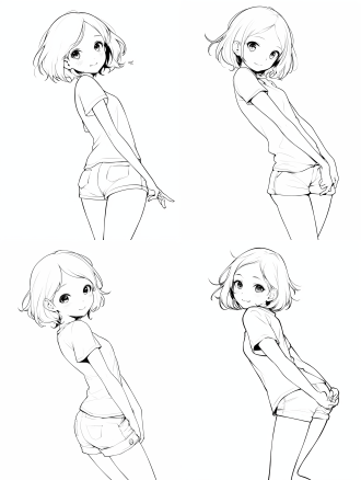 短发动漫女孩，黑白线稿，二维线条插画，短裤，纯白背景，无阴影，矢量轮廓，粗线条，单腿站立，扁平设计，简洁风格，无灰色调，独立元素，细节少，矢量风格，线条清晰，无纹理。
