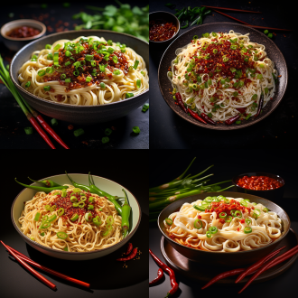 一个大碗，装着满满一碗面条，面条上面有几个小葱，碗的旁边放着一个小碟子，小碟子里面有几个辣椒和花椒，面条为纯白色，面条排列略整齐，顶视图，微距拍摄，纯色背景。