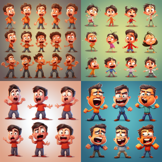 卡通人物，多姿势表情，开心伤心生气，纯线插图，纯色填充，圆胖可爱，简洁线条，明亮色彩，商业广告，卡通插画，品牌形象，动态捕捉，平面设计，柔和光线，温馨氛围，亲和力，活泼生动。