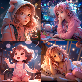 二次元美少女，俏皮表情，可爱动作，明亮色彩，柔和光线，室内场景，广角镜头，动态捕捉，粉色系，欢乐氛围。