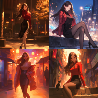 中国女孩，包臀裙，都市街头，时尚感，长发飘逸，微笑，自信，高跟鞋，夜晚灯光，长焦镜头，柔和光线，优雅姿态，红色调，魅力。