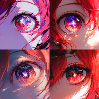 美丽动漫女孩，红色大眼睛，黑色长睫毛，星星反光，虹膜闪光，红色短发，近景特写，高清晰度，细腻皮肤，柔和光线，正面视角，明亮色彩，梦幻氛围，精致细节，情感表达。