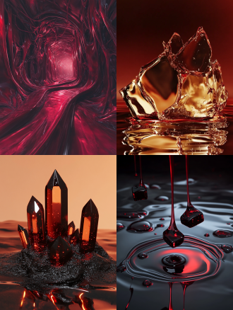 融化液体皮革达利超现实风，混合材料过渡，漂浮几何晶体，深红灯光，高对比度明暗，梦幻构图，超广角，逆光，神秘。