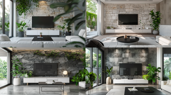 现代客厅，岩板背景墙，65英寸电视，白色电视柜，绿色植物，黑色茶几，对称布局，简洁风格，室内环境，自然光线，广角镜头，清晰细节，和谐色彩，宁静氛围。