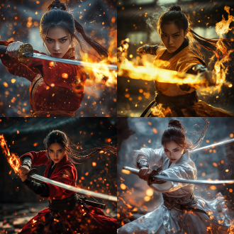 武侠美女，废墟背景，高对比度，冷暖色调对比，长焦镜头，逆光，高速快门，剑光与火焰，英勇，动态模糊，细节清晰，表情坚定，服饰飘逸，战斗姿态。