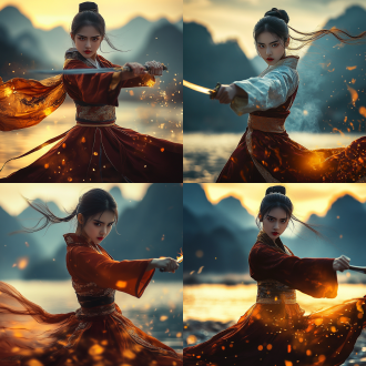 古风美女跳舞山水背景，高对比度，冷暖色调对比，长焦镜头，逆光，高速快门，英勇，飘逸长裙，动态捕捉，冷峻表情，山水相映，光影交错。