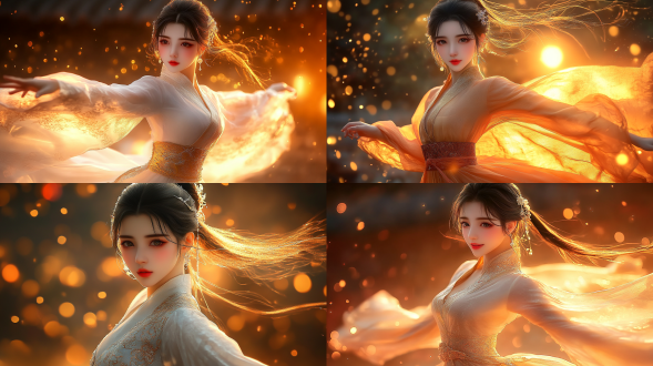 古风美女跳舞，半身，优雅姿态，细腻丝绸服饰，柔和面部表情，古典园林背景，长焦镜头，柔和光线，慢快门，流动感，淡雅色彩，宁静喜悦。