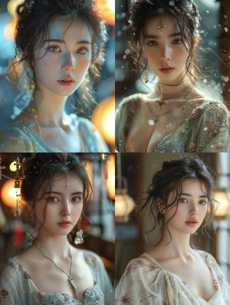 宫廷场景，汉服少女，柔和粉彩妆容，艺术镜头，儿童故事书风格，比约克美学，美食杂志封面，极富美感，完美仿生女孩，温柔美学。中心对称构图，细腻光影，低饱和色彩，静谧氛围，女孩眼神温柔，手捧古籍，背景宫灯微。宫廷场景，汉服少女，柔和粉彩妆容，艺术镜头，儿童故事书风格，比约克美学，美食杂志封面，极富美感，完美仿生女孩，温柔美学。