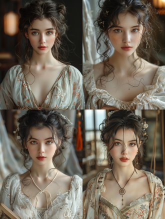 宫廷场景，汉服少女，柔和粉彩妆容，艺术镜头，儿童故事书风格，比约克美学，美食杂志封面，极富美感，完美仿生女孩，温柔美学。构图中心对称，细腻光影，低饱和色彩，静谧氛围，女孩眼神温柔，手捧古籍，背景宫灯微光，丝绸质感，梦幻般的光晕效果。中心对称构图，细腻光影，低饱和色彩，静谧氛围，温柔眼神，手捧古籍，宫灯微光，丝绸质感，梦幻光晕。