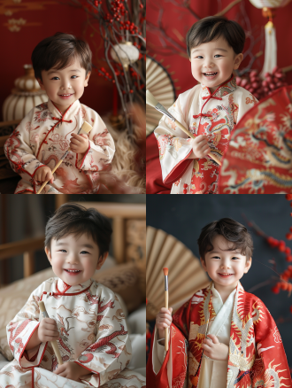 prompt a 2-year-old boy holding a brush and smiling, half body photo, dragon wallpaper, surrealism, cuteness, red and white hanfu, exquisite dragon patterns, ancient chinese style, dreamy atmosphere, traditional clothing, high angle perspective, soft lighting, 16k resolution, children's photography.,,in clothes