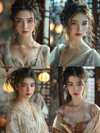 宫廷场景，汉服少女，柔和粉彩妆容，艺术镜头，儿童故事书风格，比约克美学，美食杂志封面，极富美感，完美仿生女孩，温柔美学。中心对称构图，细腻光影，低饱和色彩，静谧氛围，女孩眼神温柔，手捧古籍，背景宫灯微。宫廷场景，汉服少女，柔和粉彩妆容，艺术镜头，儿童故事书风格，比约克美学，美食杂志封面，极富美感，完美仿生女孩，温柔美学。