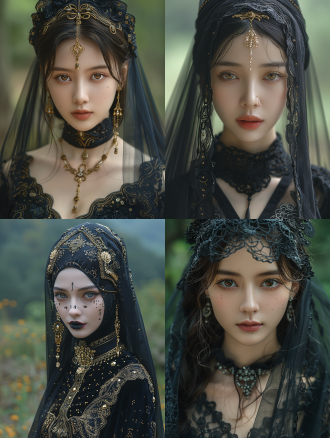 new chinese-style zombie, western hunan bride, ancient technology, mysterious atmosphere, symmetrical composition, dark tones, forest background, telephoto lens, soft side lighting, static motion, veil over the face, metallic jewelry, profound eyes, tense emotions.,,in clothes