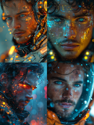 super handsome young man, with a cyberpunk style, half human and half mechanical, front perspective, ultra-clear, ultra-fine, futuristic technology, sci-fi engine, digital rendering, vibrant colors, bright light, particle effects,