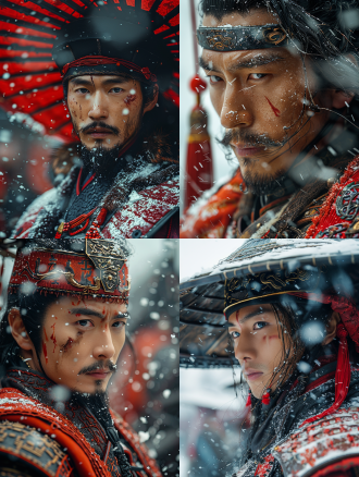 杰作，最佳质量，微光照片，这种风格是超细节和超现实的，强调皮肤的细腻光泽。时尚照片，中国古代将军，帅气的脸被铠甲围绕，侧面，全身像，红樱宝剑，战旗，大雪纷飞，部队士兵，工程美容，杰作，最好的质量，超详细，简单的黑色背景，图像应该具有电影般的构图，以高清晰度和分辨率捕捉复杂的细节，模仿蒂姆·沃克用哈苏h6d-400c相机拍摄的照片。荒原世界