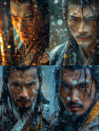 a tang dynasty warrior, pouring down in heavy rain, wielding a exquisite qinglong treasure sword, with a firm gaze, a stern expression, facing death with equanimity, in cold tones, backlighting, in the midst of battle, with dynamic blur, wide-angle lens, high contrast, dripping wet armor, with splashing droplets.