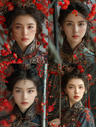 masterpiece, highest quality, delicate photos, this style emphasizes ultra-detailed and surreal elements, highlighting the delicate luster of the skin. a fashion photograph featuring a chinese ancient female warrior general, surrounded by armor, in a battle stance, a half-length portrait, wielding a long spear with red cherry blossoms, with soldiers of the unit, engineering beauty, masterpiece, the best quality, ultra-detailed, simple black background, the image should have a cinematic composition, capturing complex details with high definition and resolution, imitating the photos taken by tim walker with a hasselblad h6d-400c camera. a wilderness world.,,in clothes