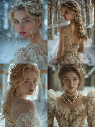 emma grace, the white queen, court style, gorgeous gown, noble and cold, palace background, symmetrical composition, delicate light and shadow, wide-angle lens, soft light, elegant posture, pearl jewelry, ice and snow elements, cool tones, a sense of mystery.