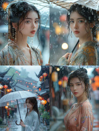 an eastern beauty strolls through an ancient town in the south with an umbrella, in a close-up side view, wearing a qin-style hanfu. it's pouring rain, with high saturation, a dreamy style, captured with a long focal length lens, soft lighting, creating a serene, elegant, and delicate scene.,,in clothes