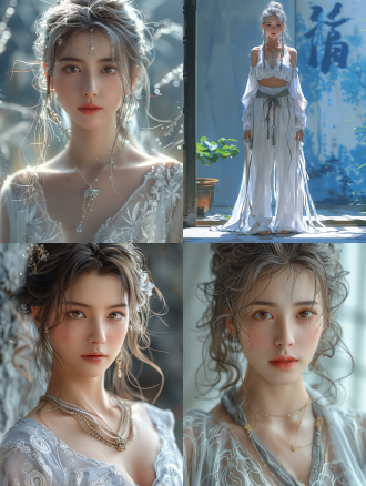 a chinese girl with ultra-clear rendering anime style, silver long hair, summer, business attire, gentle and confident, full-body character, natural tones, long shot perspective, highlighted details, traditional costume style, static and relaxed, high-definition quality, delicate textures, soft lighting, beautiful atmosphere, single background.,,in clothes