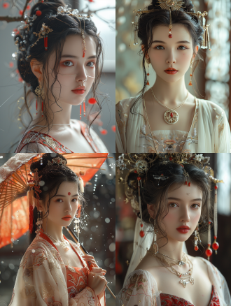masterpiece, 8k, highest quality, exquisite composition, eastern legend, chinese mythology, chinese immortality, dynamic pose, 1 girl, sacred, black hair, long sleeves, fusion of red and white attire, hanfu, halo, dress, hair accessory, half-length portrait, facing the audience, single bun, forehead mark, highlight, soft focus, natural light, vibrant colors, mysterious atmosphere.,,in clothes