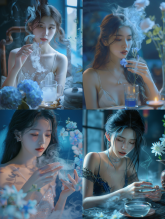 a 20-year-old asian woman,low cut clothing,snow white,very beautiful,with smooth and firm skin. she was adding a mysterious blue plant to a glass of hot water in her villa. smoke rises from the cup while the flowers glow a grey-blue. using 4k 35mm footage, realistic style, applied contrast, ultra-detailed.hd16k,,in clothes