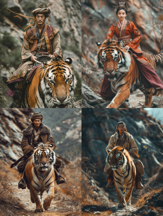 茶马古道，崎岖山路上，骑着老虎前行，传统服饰，得意表情，远景，自然光，长焦镜头，细节清晰，古朴色调，历史感。