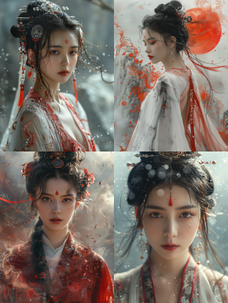 masterpiece, 8k, highest quality, exquisite composition, eastern legend, chinese mythology, chinese immortality, dynamic pose, 1 girl, sacred, black hair, long sleeves, fusion of red and white attire, hanfu, halo, dress, hair accessory, half-length portrait, facing the audience, single bun, forehead mark, highlight, soft focus, natural light, vibrant colors, mysterious atmosphere.,,in clothes
