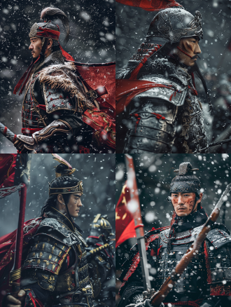 masterpiece, highest quality, delicate photos, this style emphasizes ultra-detailed and surreal elements, highlighting the delicate luster of the skin. a fashionable photo featuring an ancient chinese general, his handsome face surrounded by armor, profile, full-body shot, with a red cherry sword, battle flag, heavy snowfall, unit soldiers, engineering beauty, masterpiece, best quality, ultra-detailed, simple black background, the image should have a cinematic composition, capturing intricate details with high definition and resolution, imitating the photos taken by tim walker with a hasselblad h6d-400c camera. a wilderness world.,,in clothes