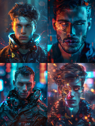 super handsome young man, with a cyberpunk style, half human and half mechanical, front perspective, ultra-clear, ultra-fine, futuristic technology, sci-fi engine, digital rendering, vibrant colors, bright light, particle effects,