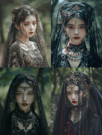 new chinese-style zombie, western hunan bride, ancient technology, mysterious atmosphere, symmetrical composition, dark tones, forest background, telephoto lens, soft side lighting, static motion, veil over the face, metallic jewelry, profound eyes, tense emotions.,,in clothes