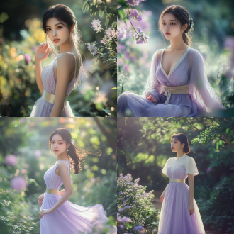 漂亮中国美女，淡妆，淡紫裙子、香槟色系带高跟凉鞋，三分法构图，花园中，长焦镜头，逆光，优雅站姿，清新色调，温婉。