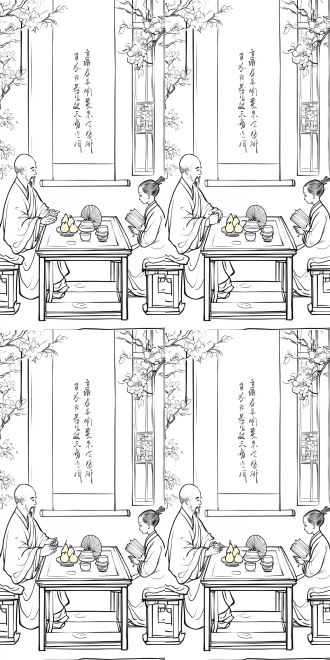 老人和小孩，线稿小人书，清朝风格客厅，古香古色，中间桌子放着梨子和一杯茶，左右两边有兰花，中间有古画和对联，老人坐着手拿一把扇子，小孩子手拿一本书在阅读，对称构图