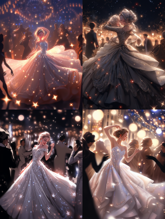一位穿着华丽礼服的女士在星空下的舞会上，女士身着闪亮的银色礼服，面带优雅的微笑，周围是旋转的舞伴和闪烁的灯光。华丽,星空,舞会,女士,银色礼服,优雅微笑,旋转舞伴,闪烁灯光,广角镜头,柔和光线,动态模糊,高贵,浪漫。 七分身 蓝晶石 荧光灯 荧光霓虹灯 激光 玛格丽特 弗兰克 中式赛博 角色设计 机甲装 中国凤凰 德尔托罗 开心