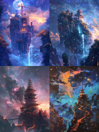 仙鹤立在黄鹤楼的塔顶上。黄鹤楼的下面是涌动的星河。