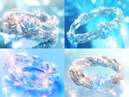 珠宝设计。手链设计。by施华洛世奇。玫瑰组成的手镯，水晶材质。珠宝材质。玻璃材质。铂金材质。优雅。雅致。浅蓝色背景，微距摄影。特写。氛围照明。高清4k。