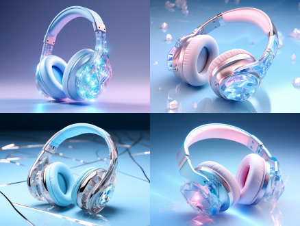 产品设计。耳机设计。by施华洛世奇。玫瑰组成的耳机，水晶材质。珠宝材质。玻璃材质。铂金材质。优雅。雅致。浅蓝色背景，微距摄影。特写。氛围照明。3d炫彩。3d渲染。 三维 钻石 激光