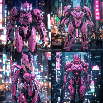 漫画机甲女神，粉红色机甲，未来科技感，对称构图，金属质感，城市夜景，长焦镜头，硬光，高速快门，战斗姿态，冷暖对比，坚定眼神，动感线条。