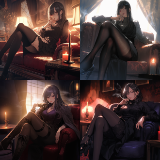 美女抽烟，黑丝袜，二郎腿，沙发上，半身像，室内，暖光，中焦镜头，柔和光线，慵懒，神秘。