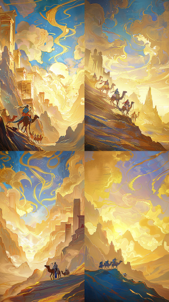 丝绸之路鎏金插画，宏伟古城，金色光芒，细腻笔触，商队行进，骆驼载货，商人面带微笑，远景沙漠，天空渐变，黄金比例，高光强调，数字插画，暖金色调，历史感，繁荣景象。