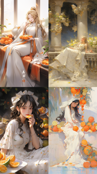 一个女人，女人长卷发，白色长裙，低头剥橘子，坐在沙发上，日漫风，晚上，