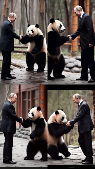 普京与大熊猫握手，正式西装，温和微笑，大熊猫憨态可掬，中央构图，自然光线，室外环境，中焦镜头，和谐氛围，黑白配，亲切感。