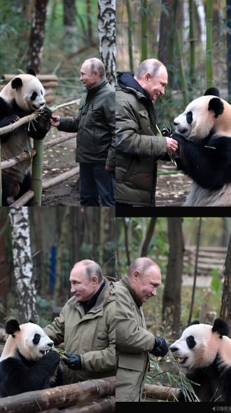 普京喂熊猫，郊外自然，真实画面，普京着装休闲，面带微笑，大熊猫好奇，竹子新鲜，近景，自然光，柔和色调，和谐氛围，亲近自然。