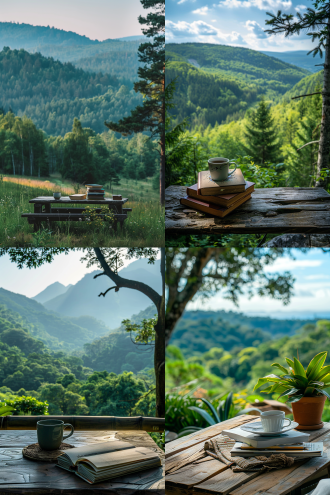 户外远景茂密森林蓝天近景桌子书杯子，广阔视野，自然风光，长焦镜头，清晰细节，柔和光线，宁静氛围，绿色调，放松心情。