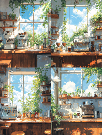 蓝天白云下的大长桌，绿植环绕，咖啡机细节清晰，自然光，宽敞明亮，广角镜头，高分辨率，清新色调，宁静氛围。