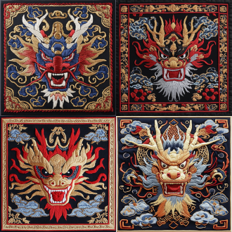 “長方形刺繡貼片（10x10厘米），主題為威嚴的中國龍頭，凝視正前方的銳利雙眼。周圍環繞著精美的傳統中國元素，包括祥雲紋、吉祥火焰、中國結與隱藏的太極符號。刺繡細膩，運用紅色、金色、黑色與深藍色的搭配，強調龍眼的深邃與氣勢。高浮雕刺繡技法使龍的形象更加立體，邊框以金色精細勾勒，增添整體的優雅與文化韻味。”