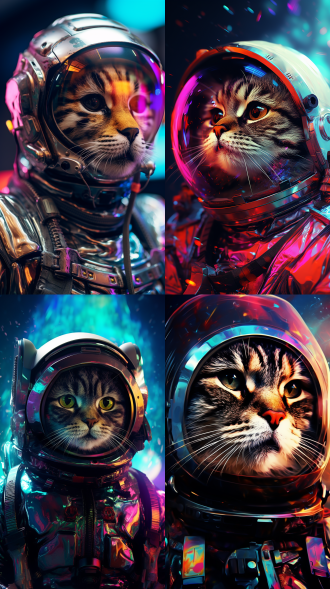 穿着宇航服的猫咪，正面，航空玻璃帽，赛博朋克宇宙背景，霓虹灯，五彩碎屑，超现实主义，发光投影，光谱折射，高饱和色彩，广角镜头，侧光，动态模糊，科技感，未来感，神秘感。