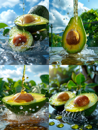 牛油果特写，牛油果下方有油滴落，居中构图，清新风格，自然光，微距镜头，高分辨率，蓝天白云，鲜嫩，自然。