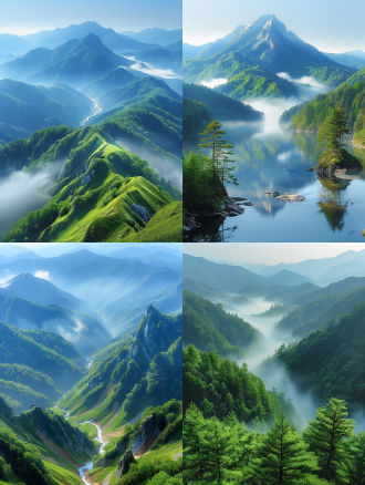 雄伟山脉，全景构图，层次分明，户外环境，长焦镜头，侧光照明，高清晰度，冷色调，云雾缭绕，宁静。