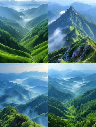 雄伟山脉，全景构图，层次分明，户外环境，长焦镜头，侧光照明，高清晰度，冷色调，云雾缭绕，宁静。