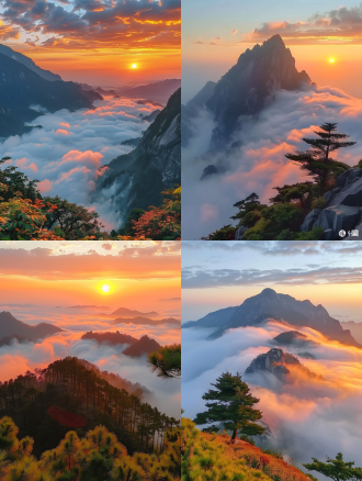 云山，云海，云层，全景构图，大气磅礴，长焦镜头，逆光，慢快门，云雾缭绕，静谧，暖色调。